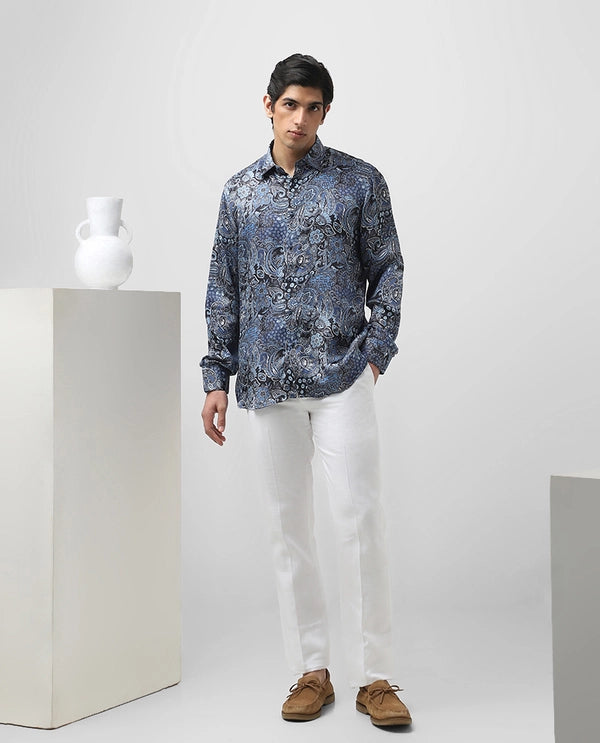 Blue Cupro Silk Printed Full Sleeve Men's Slim Fit Shirt