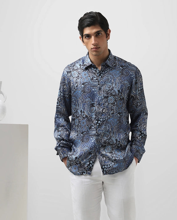 Blue Cupro Silk Printed Full Sleeve Men's Slim Fit Shirt