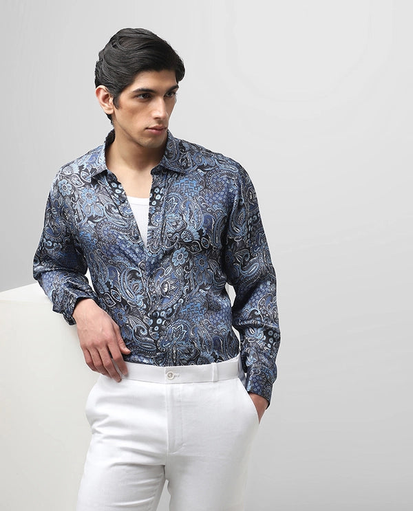 Blue Cupro Silk Printed Full Sleeve Men's Slim Fit Shirt