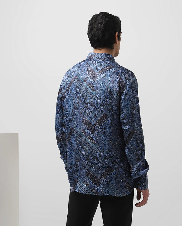 Royal Blue Cupro Silk Printed Full Sleeve Men's Slim Fit Shirt