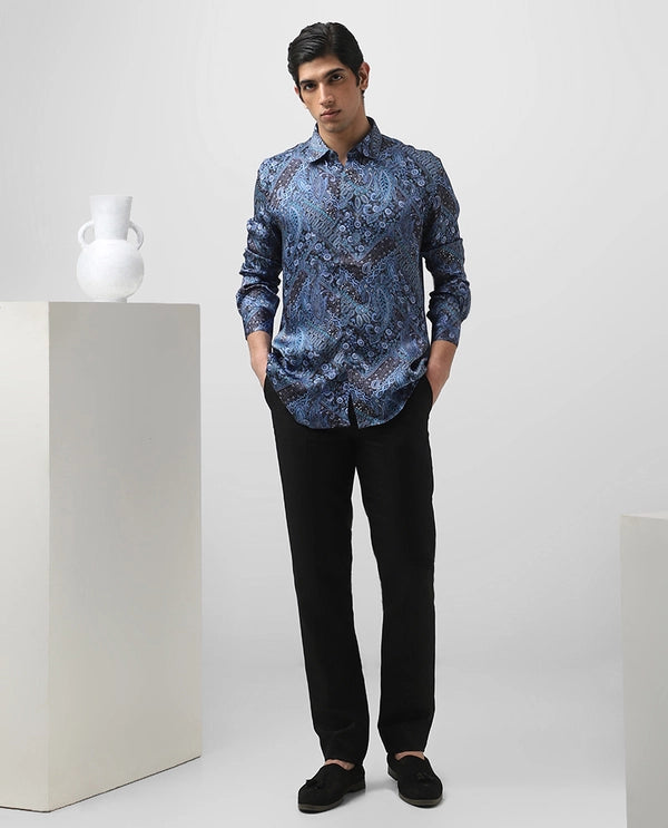 Royal Blue Cupro Silk Printed Full Sleeve Men's Slim Fit Shirt