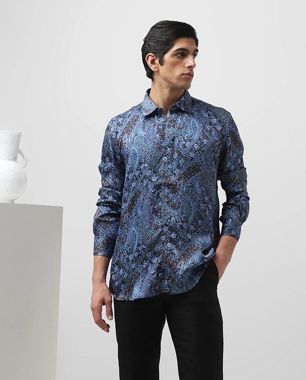 Royal Blue Cupro Silk Printed Full Sleeve Men's Slim Fit Shirt