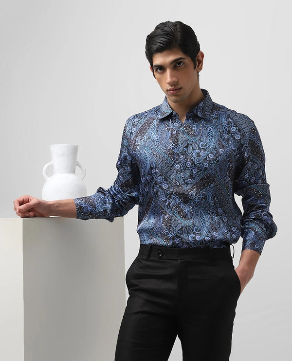 Royal Blue Cupro Silk Printed Full Sleeve Men's Slim Fit Shirt