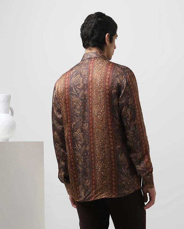 Maroon Printed Full Sleeve Cupro Silk Men's Slim Fit Shirt