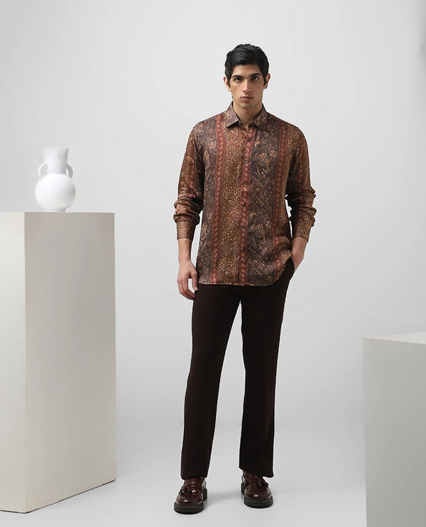 Maroon Printed Full Sleeve Cupro Silk Men's Slim Fit Shirt