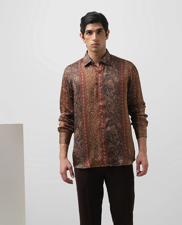 Maroon Printed Full Sleeve Cupro Silk Men's Slim Fit Shirt