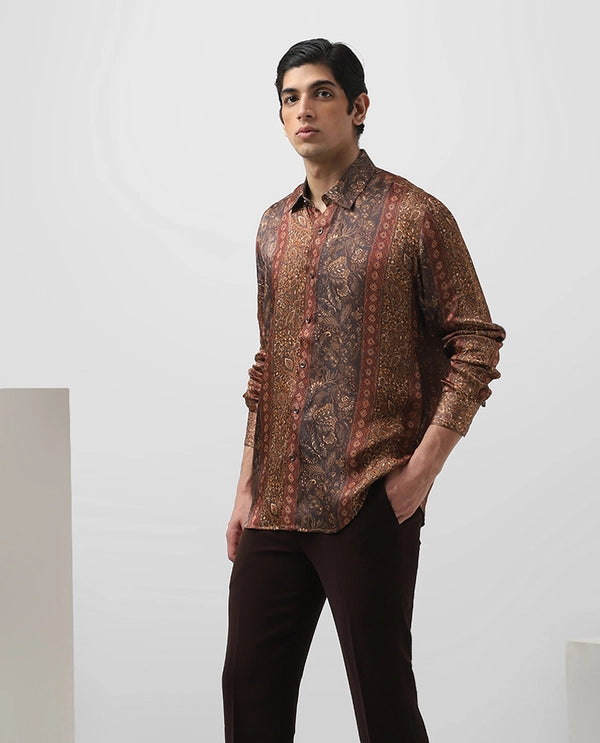 Maroon Printed Full Sleeve Copper Silk Men's Slim Fit Shirt