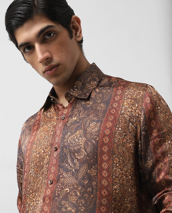 Maroon Printed Full Sleeve Copper Silk Men's Slim Fit Shirt