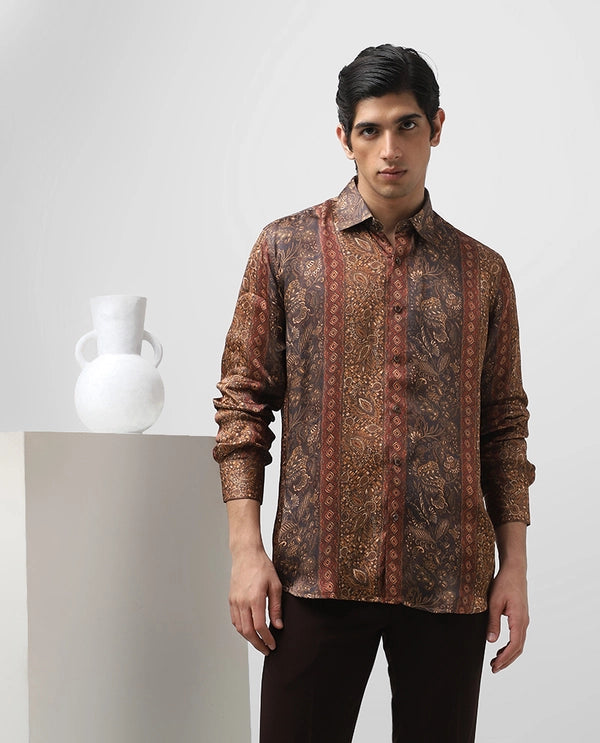 Maroon Printed Full Sleeve Cupro Silk Men's Slim Fit Shirt