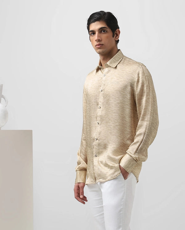 Light Khaki Printed Full Sleeve Copper Silk Men’s Slim Fit Shirt