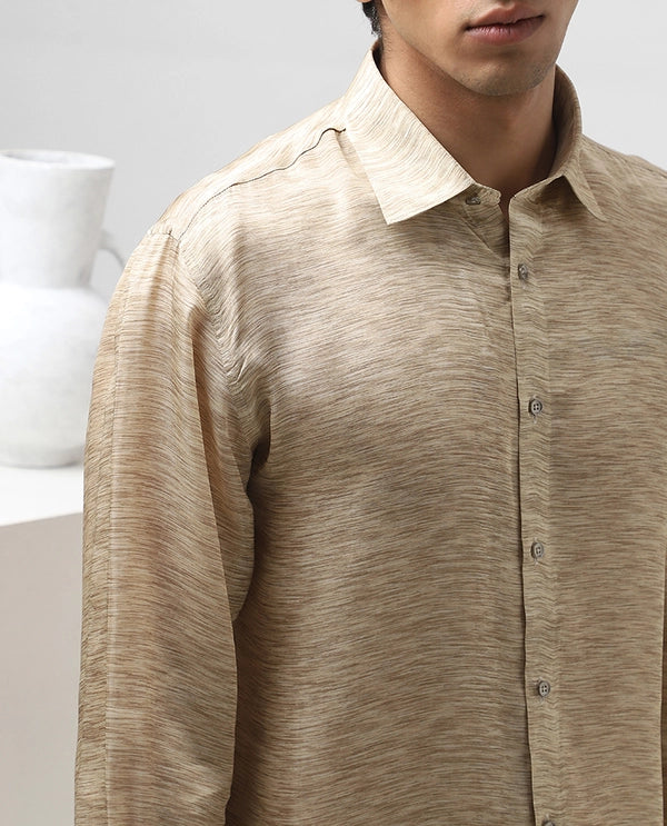 Light Khaki Printed Full Sleeve Copper Silk Men’s Slim Fit Shirt