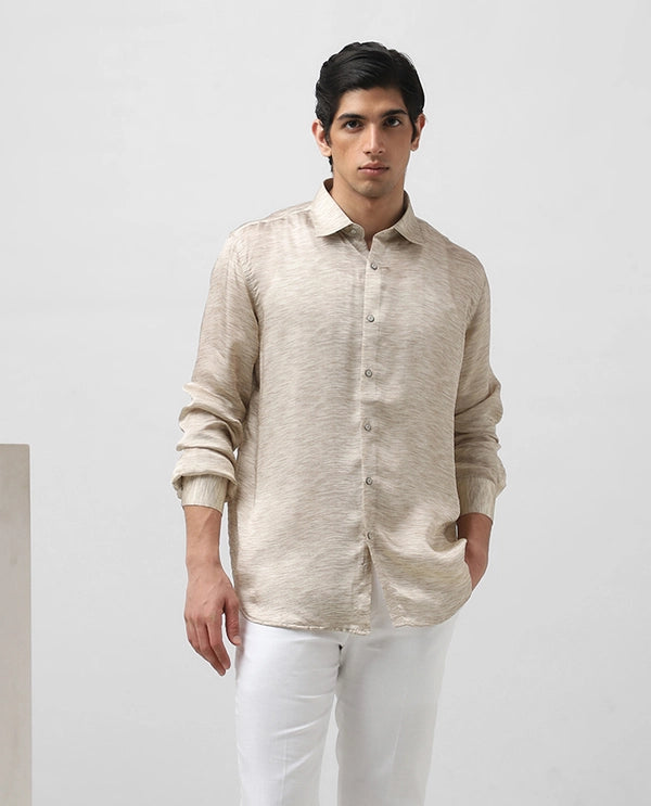 Beige Cupro Silk Full Sleeve Men's Slim Fit Shirt