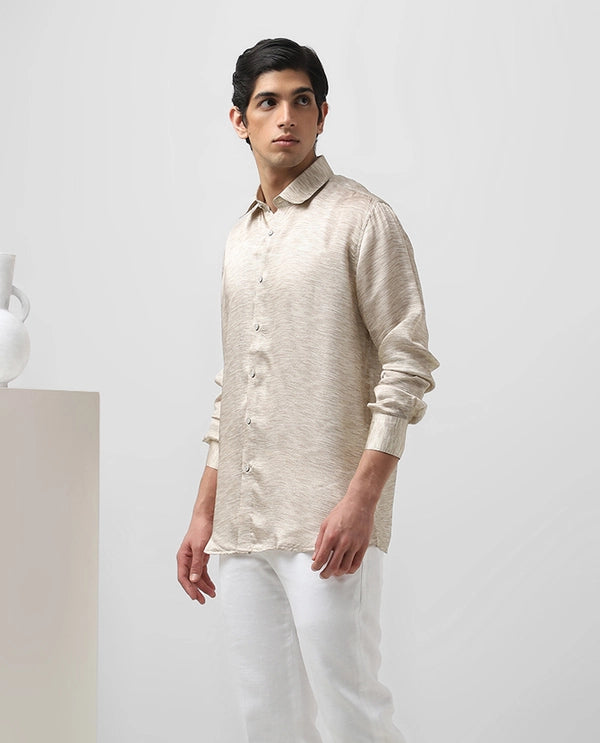 Beige Cupro Silk Full Sleeve Men's Slim Fit Shirt