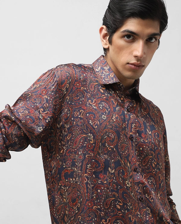 Navy Blue Copper Silk Printed Full Sleeve Men's Slim Fit Shirt