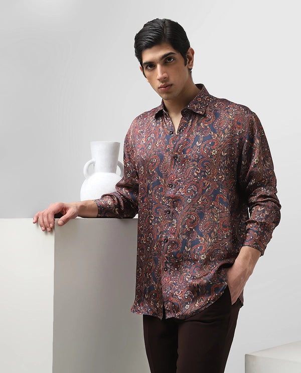 Navy Blue Copper Silk Printed Full Sleeve Men's Slim Fit Shirt