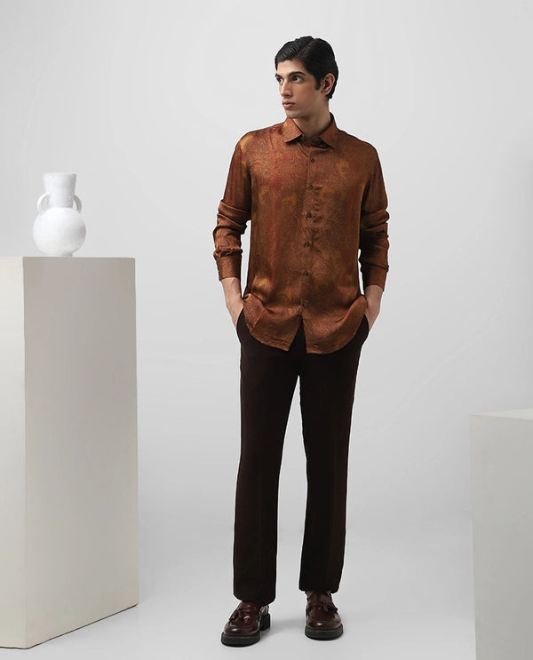 Rust Cupro Silk Printed Full Sleeve Men's Slim Fit Shirt