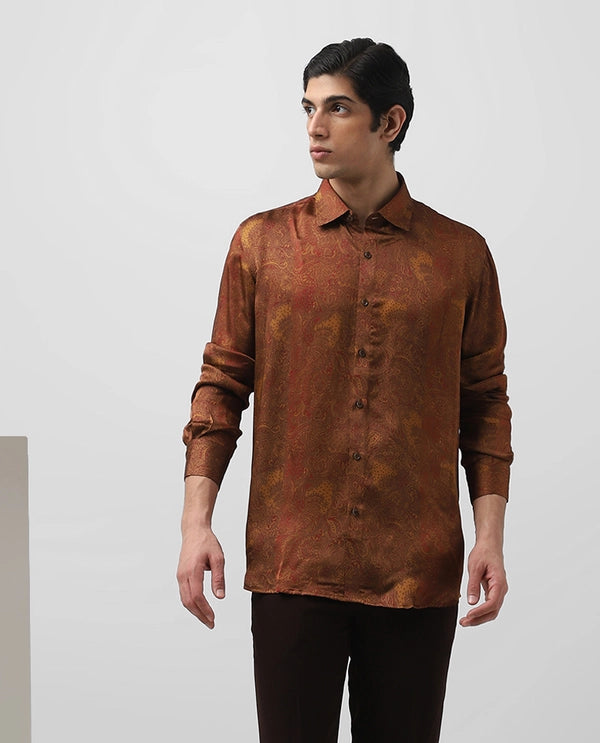 Rust Cupro Silk Printed Full Sleeve Men's Slim Fit Shirt