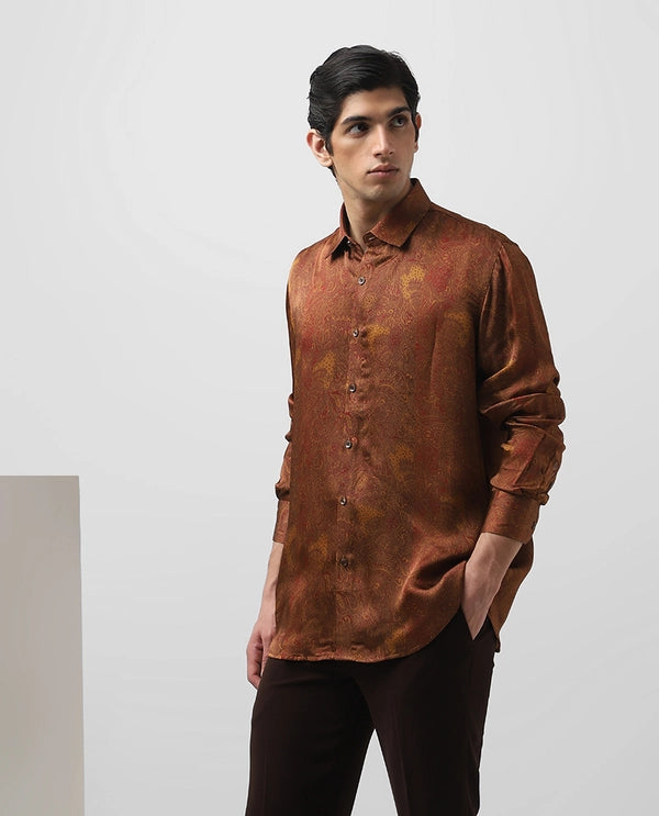 Rust Copper Silk Printed Full Sleeve Men's Slim Fit Shirt