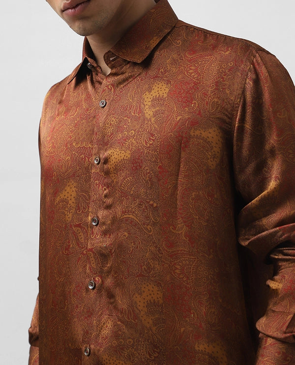 Rust Copper Silk Printed Full Sleeve Men's Slim Fit Shirt