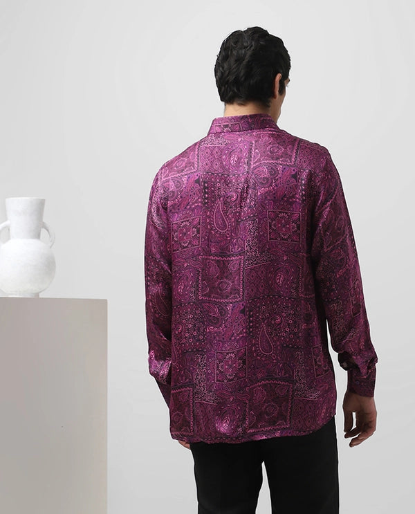 Purple Printed Full Sleeve Cupro Silk Men's Slim Fit Shirt