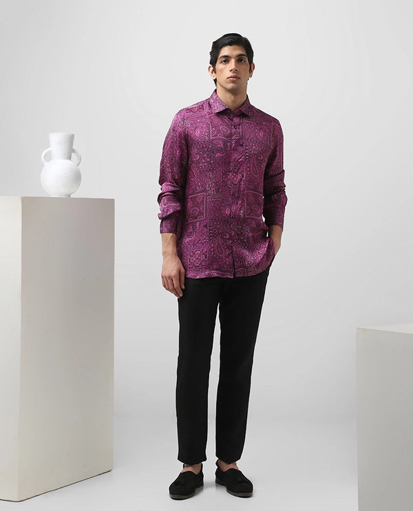 Purple Printed Full Sleeve Cupro Silk Men's Slim Fit Shirt