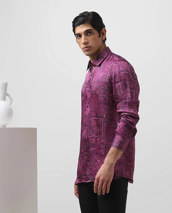 Purple Printed Full Sleeve Cupro Silk Men's Slim Fit Shirt