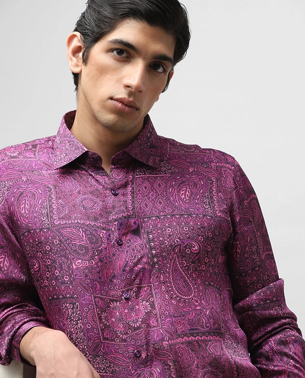 Purple Printed Full Sleeve Cupro Silk Men's Slim Fit Shirt