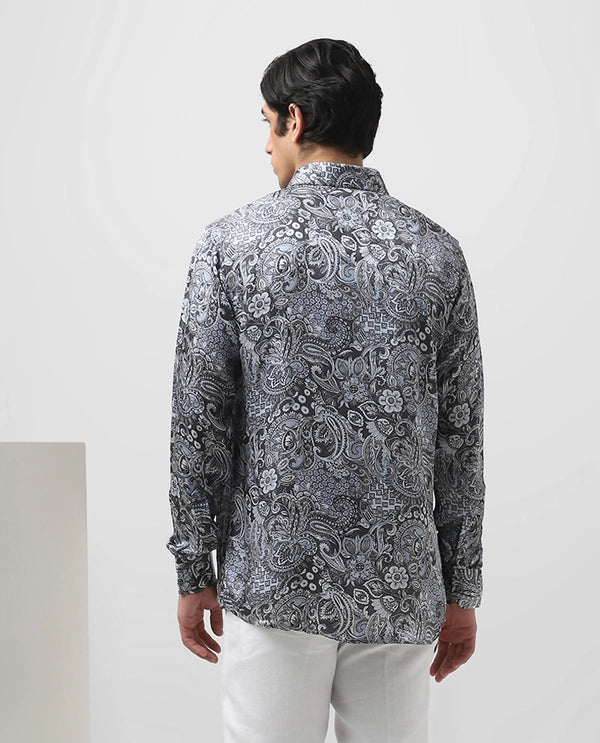 Blue Cupro Silk Printed Full Sleeve Men's Slim Fit Shirt