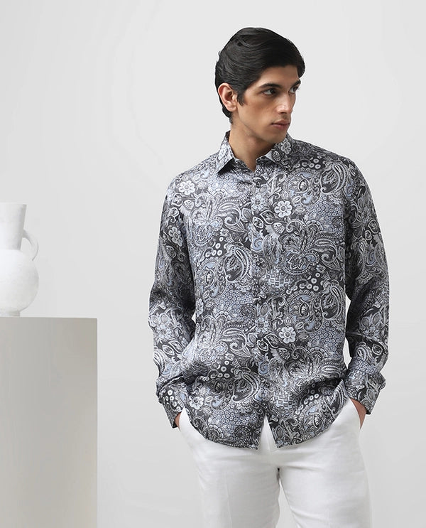 Blue Cupro Silk Printed Full Sleeve Men's Slim Fit Shirt