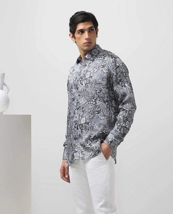 Blue Copper Silk Printed Full Sleeve Men's Slim Fit Shirt