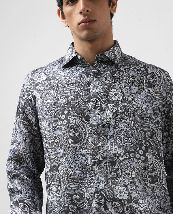 Blue Copper Silk Printed Full Sleeve Men's Slim Fit Shirt