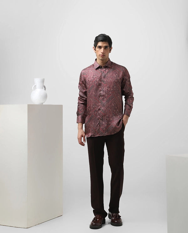 Black Wine Cupro Silk Printed Full Sleeve Men's Slim Fit Shirt