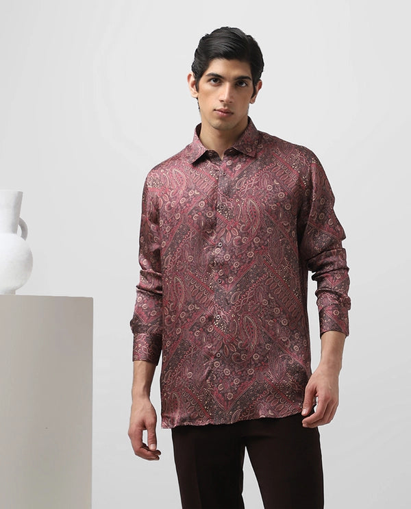 Black Wine Cupro Silk Printed Full Sleeve Men's Slim Fit Shirt