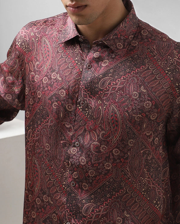 Black Wine Copper Silk Printed Full Sleeve Men's Slim Fit Shirt