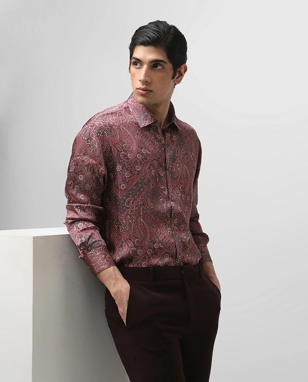 Black Wine Cupro Silk Printed Full Sleeve Men's Slim Fit Shirt