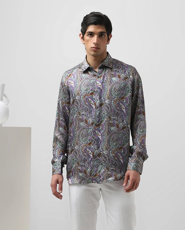 Multi Colored Cupro Silk Printed Full Sleeve Slim Fit Shirt