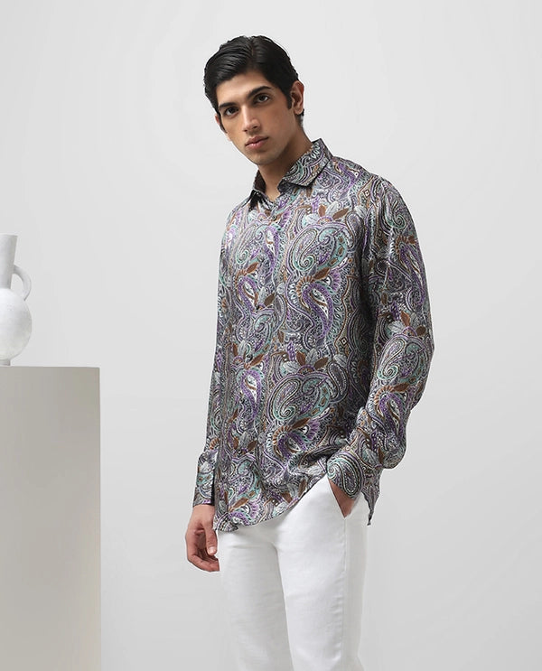 Multi Colored Copper Silk Printed Full Sleeve Slim Fit Shirt