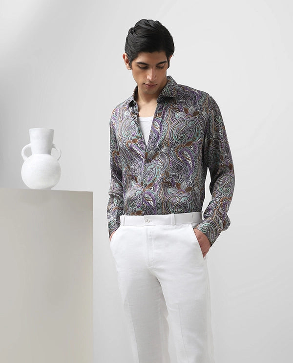 Multi Colored Cupro Silk Printed Full Sleeve Slim Fit Shirt