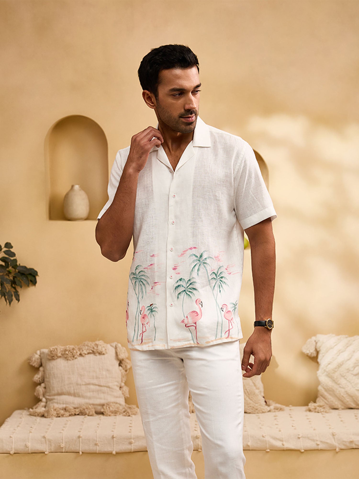 White Flora & Fauna Hand-Painted Linen Cuban Regular Fit Shirt