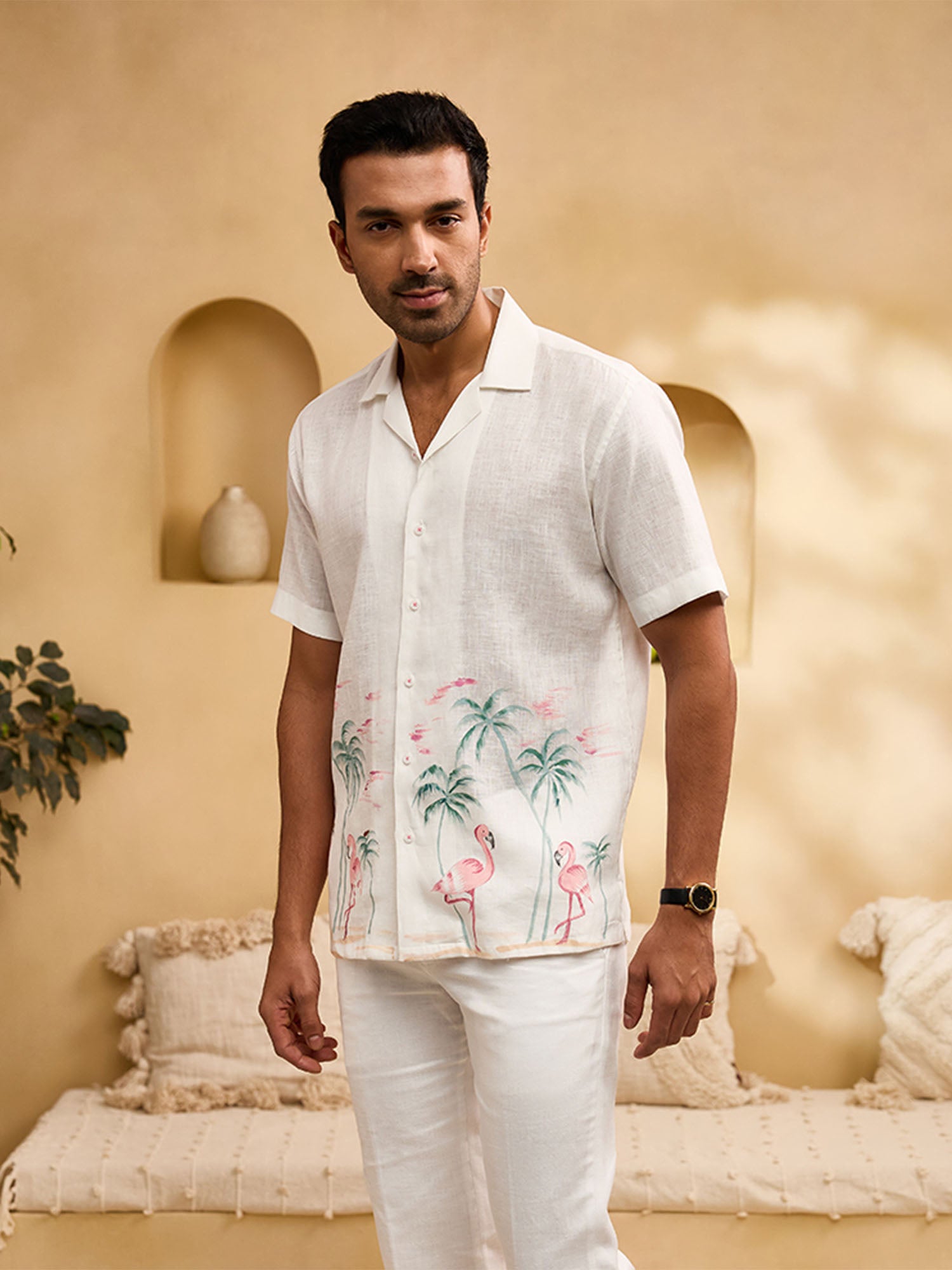 White Flora & Fauna Hand-Painted Linen Cuban Regular Fit Shirt