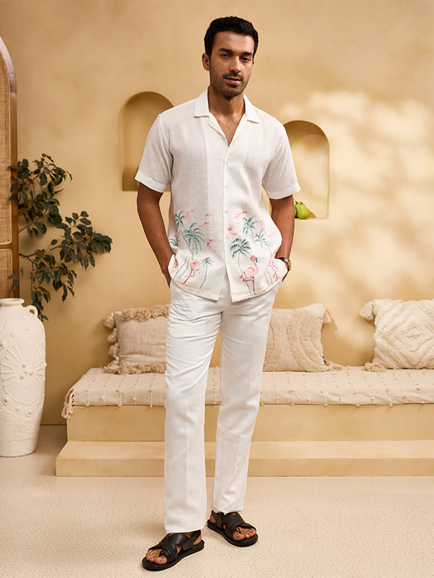 White Flora & Fauna Hand-Painted Linen Cuban Regular Fit Shirt