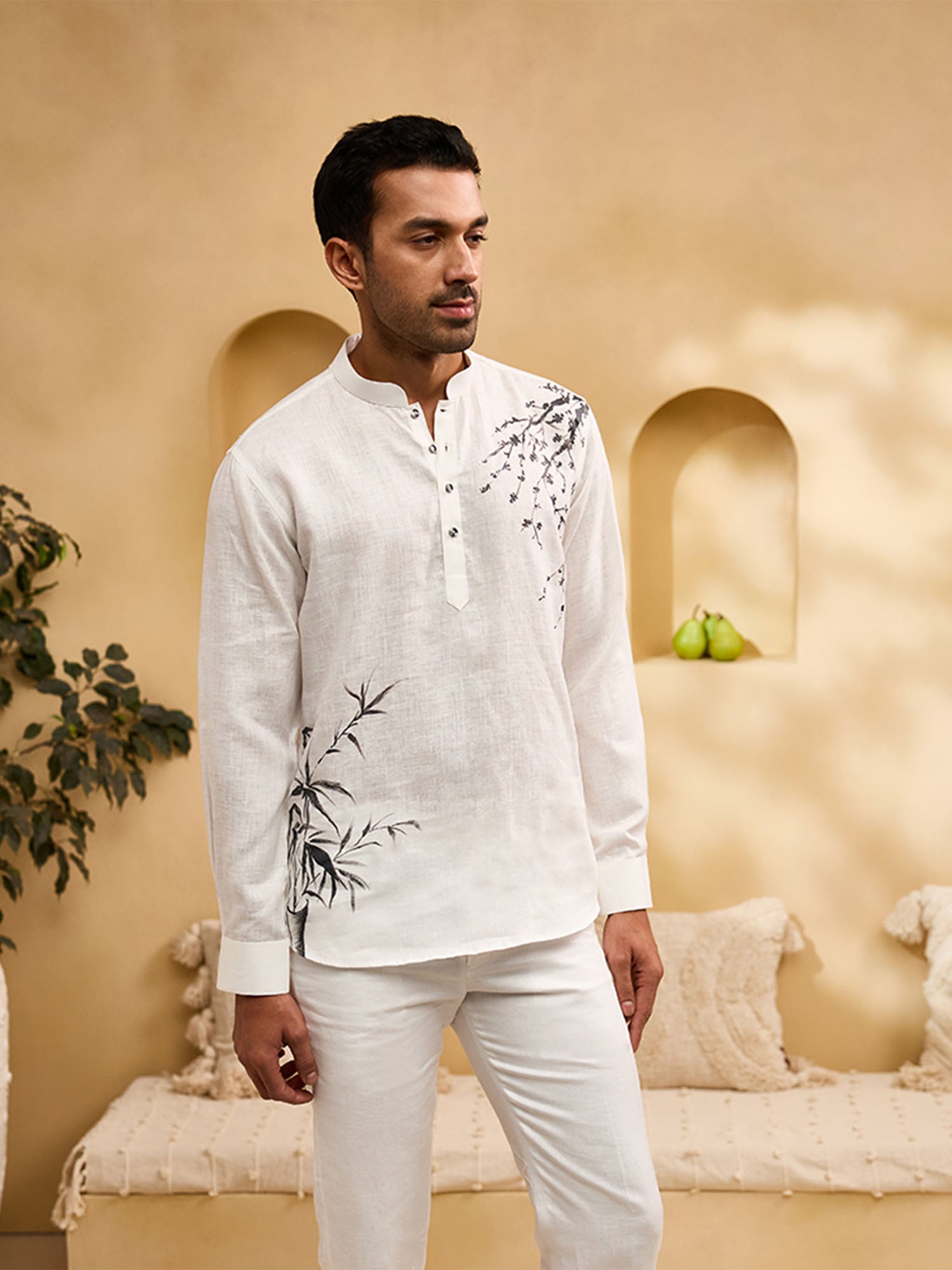 White Floral Hand-Painted Linen Kurti-Style Regular Fit Shirt