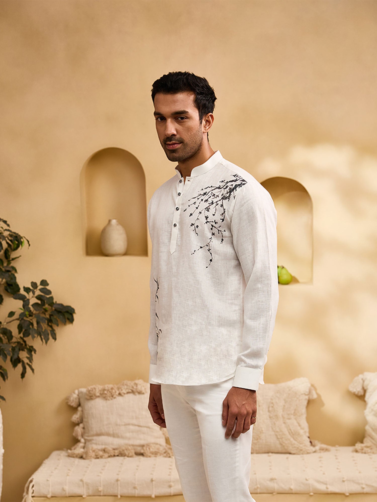 White Floral Hand-Painted Linen Kurti-Style Regular Fit Shirt