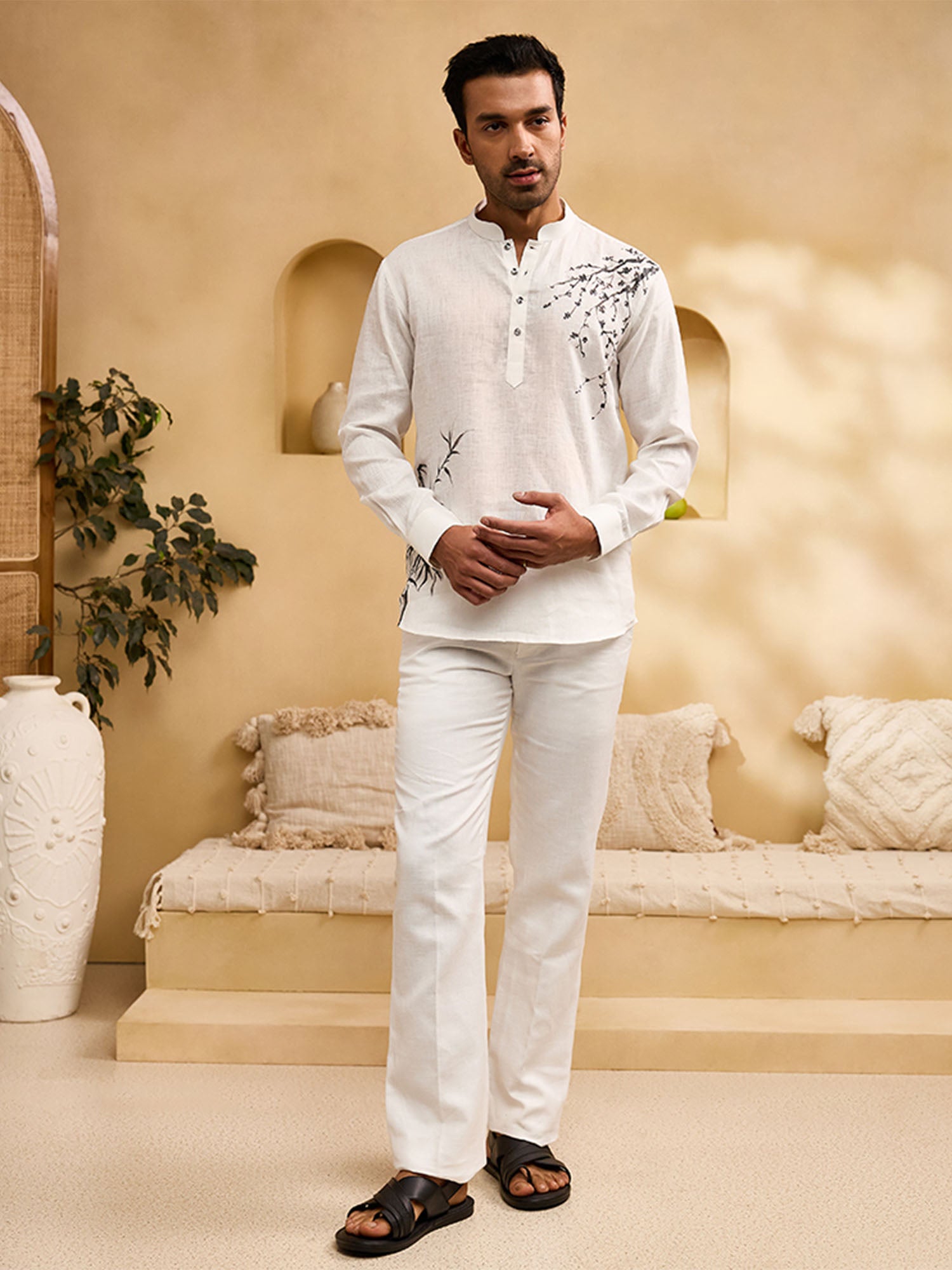 White Floral Hand-Painted Linen Kurti-Style Regular Fit Shirt