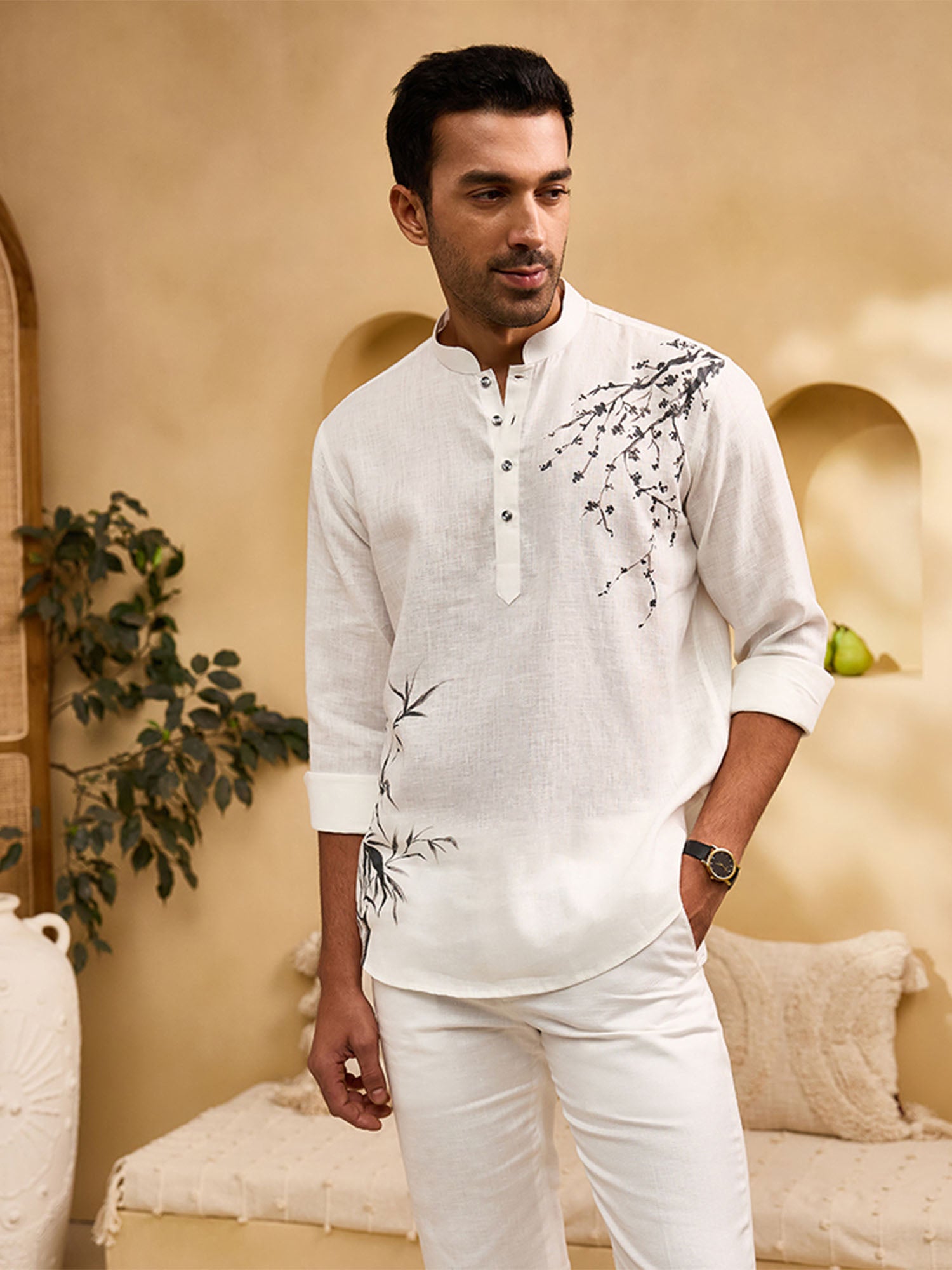 White Floral Hand-Painted Linen Kurti-Style Regular Fit Shirt
