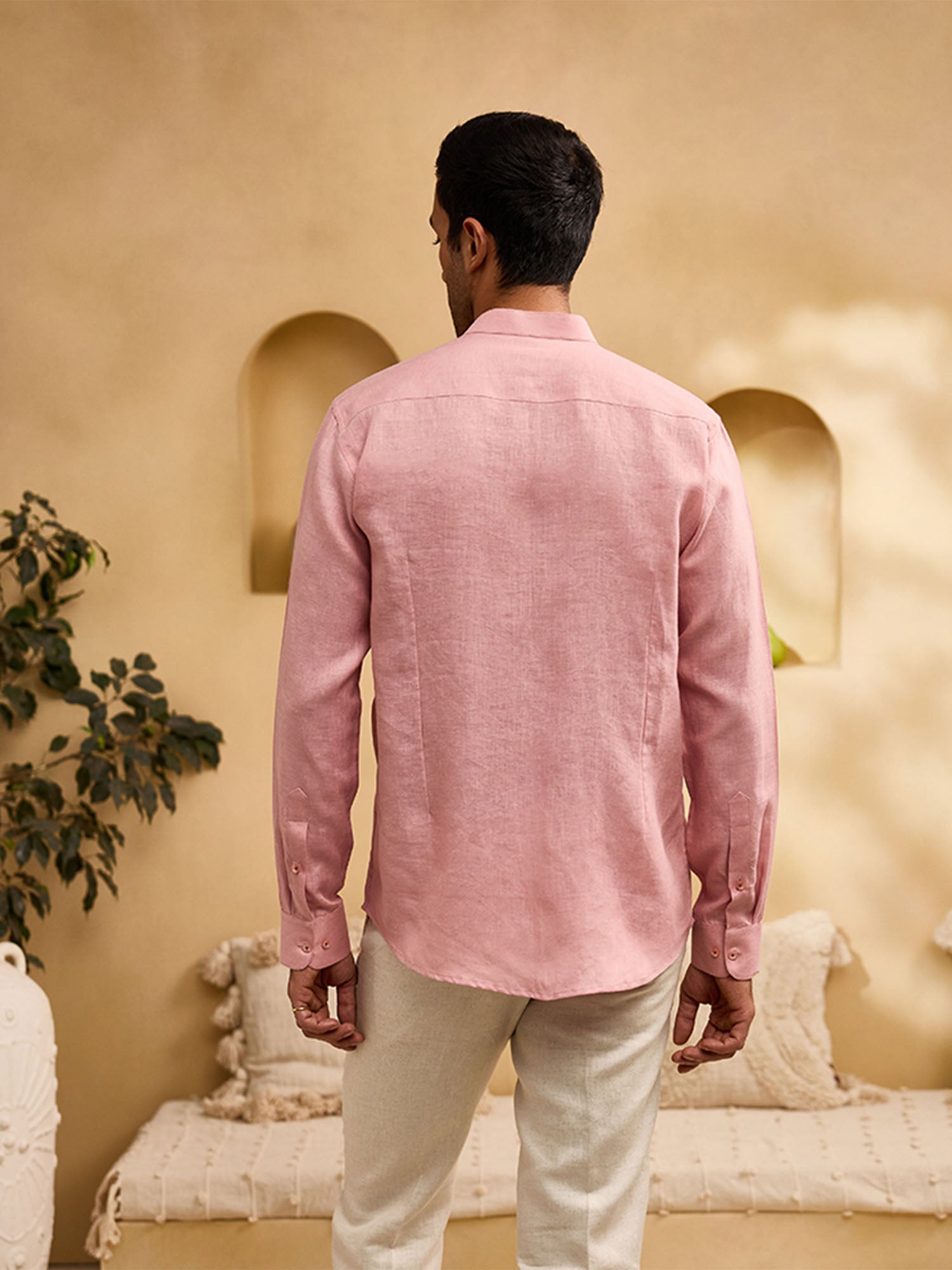 Coral Pink Palm Tree Embroidered Linen Slim Fit Shirt