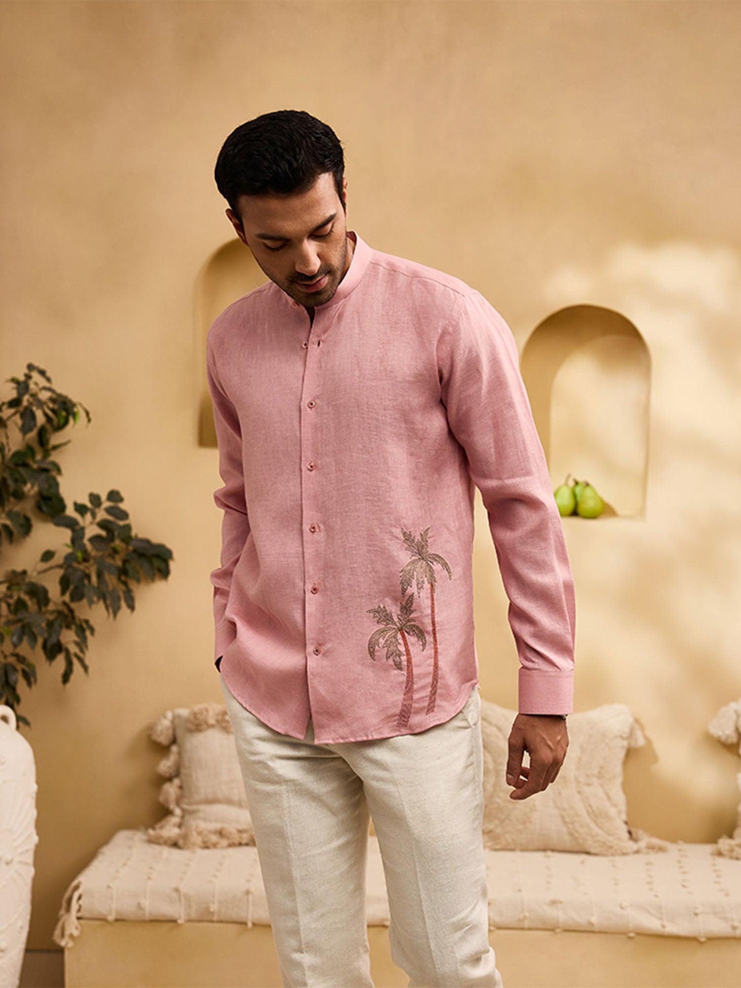 Coral Pink Palm Tree Embroidered Linen Slim Fit Shirt