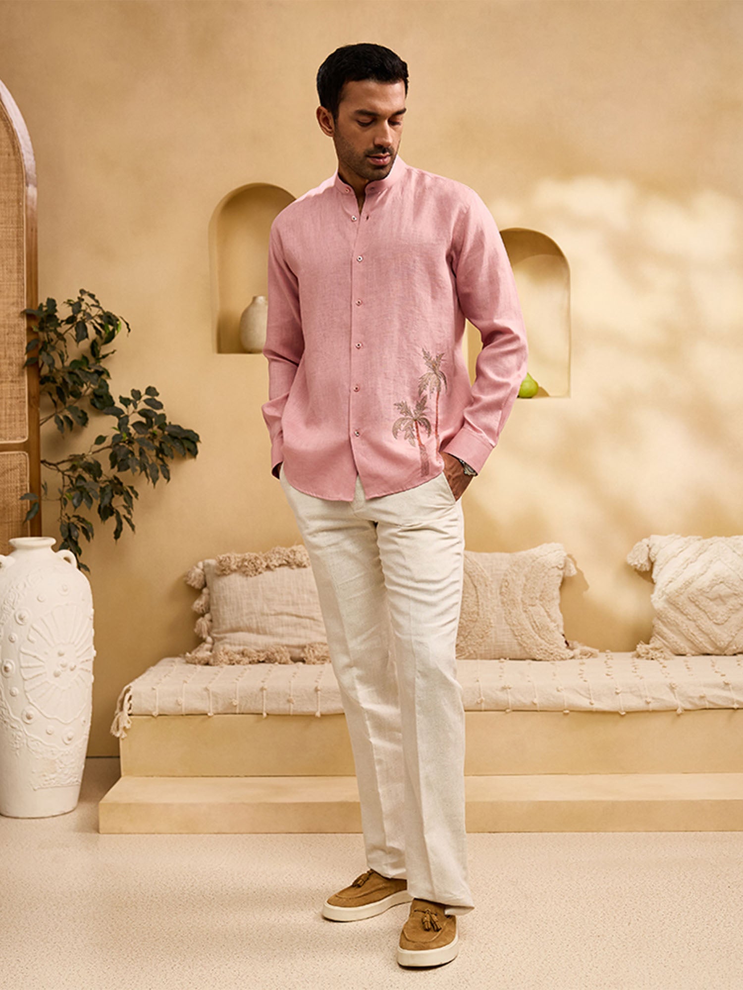 Coral Pink Palm Tree Embroidered Linen Slim Fit Shirt