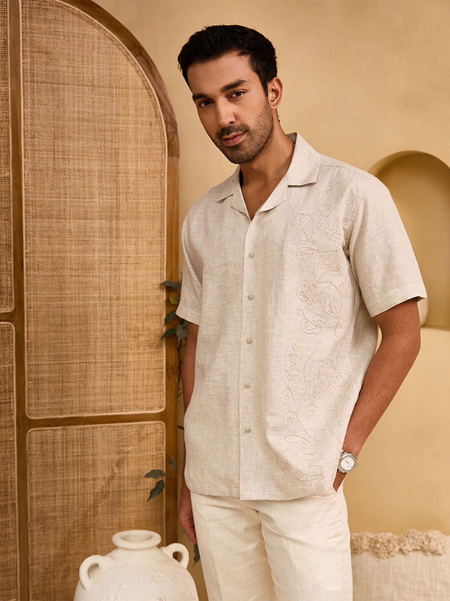Natural with Self-Coloured Floral Thread Embroidery Linen Cuban Regular Fit Shirt