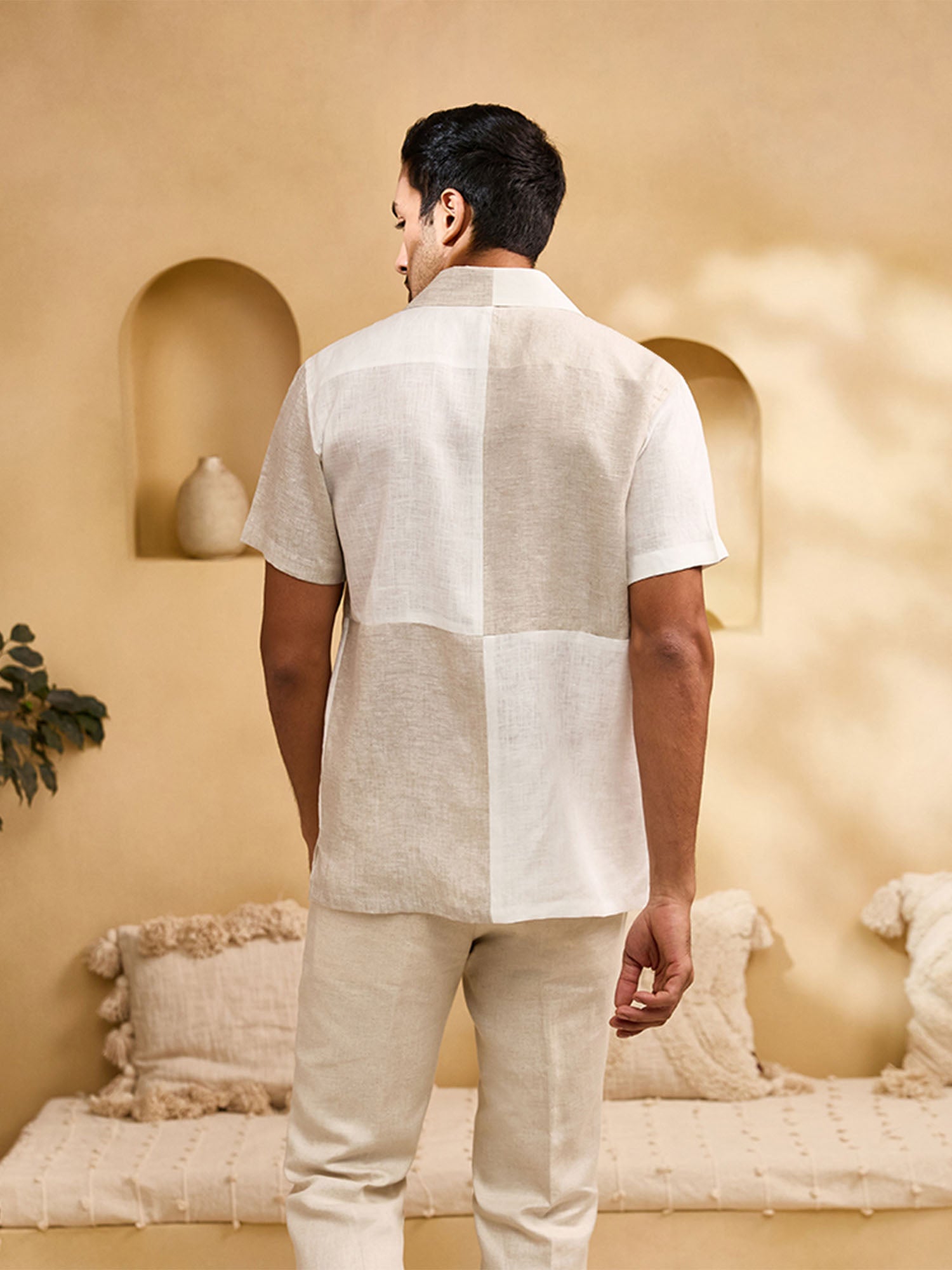 Natural and White Minimal Floral Embroidery Linen Cuban Regular Fit Shirt